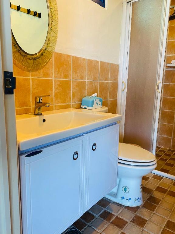 a bathroom with a sink and a toilet and a mirror at Shengtuolini B&amp;B in Yanliau