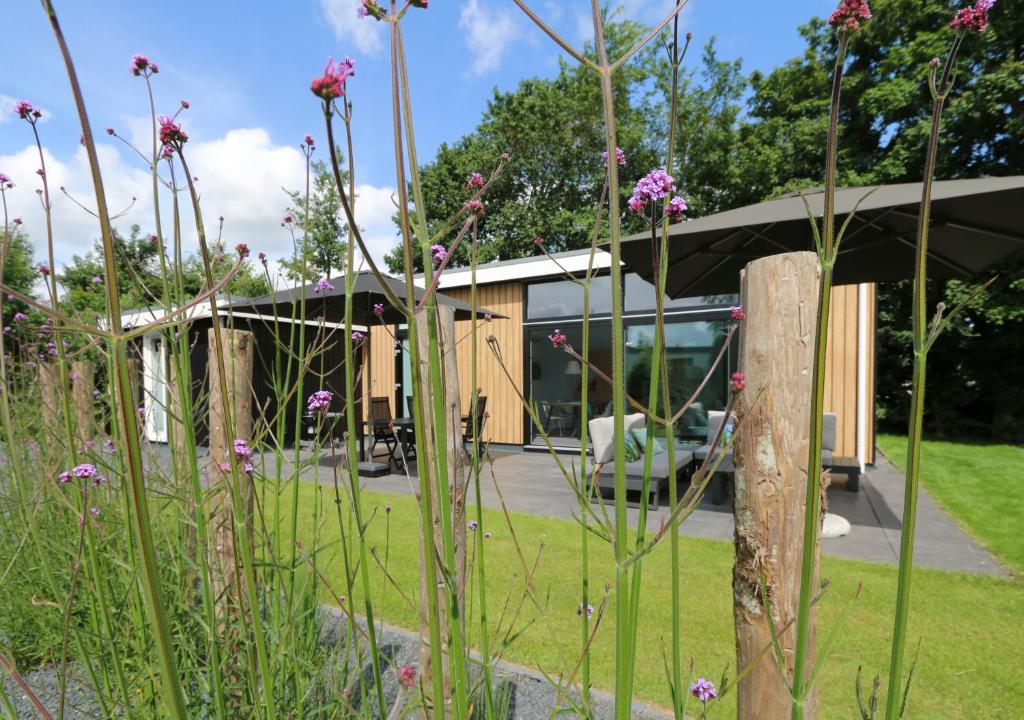 a garden with purple flowers in front of a house at Rietreiger luxe vakantielodge in Friesland - 2 badkamers in Grou