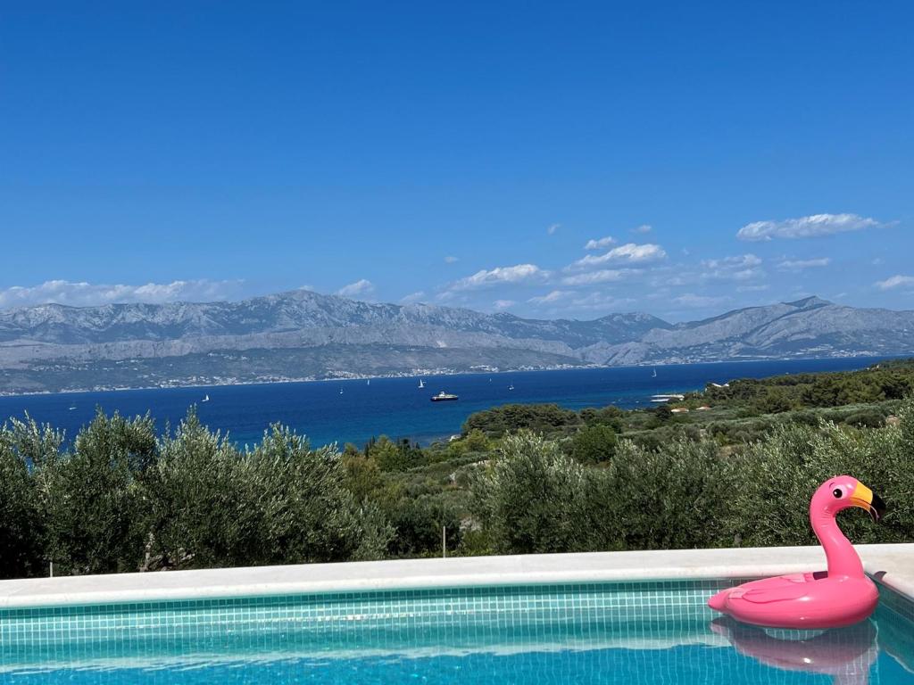 a pink flamingo in a swimming pool with a view at Maslina House in Sutivan