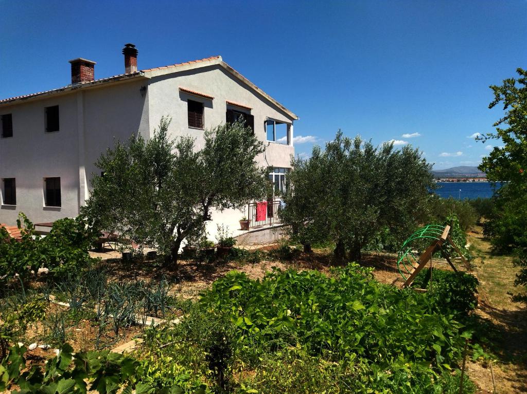 a white house with trees in front of the water at Apartment Prvic Sepurine in Prvić Šepurine