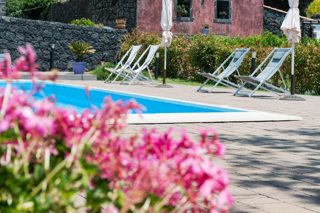 een rij ligstoelen naast een zwembad bij Viola Nel Parco in SantʼAlfio