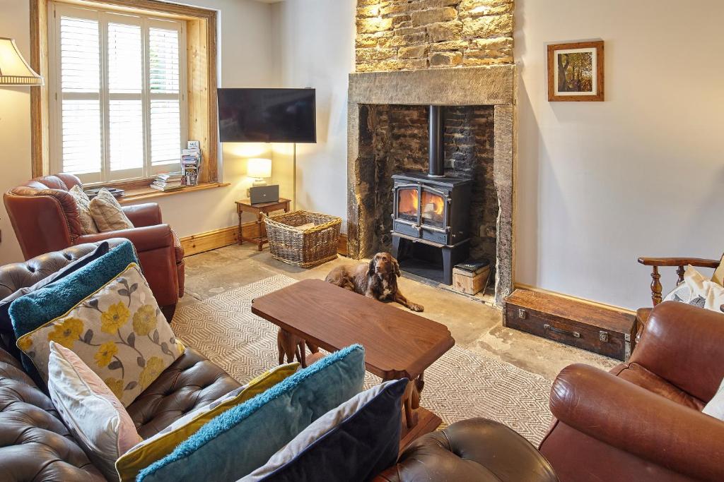 a living room with a dog sitting in front of a fireplace at North England - North Pennines AONB in Westgate