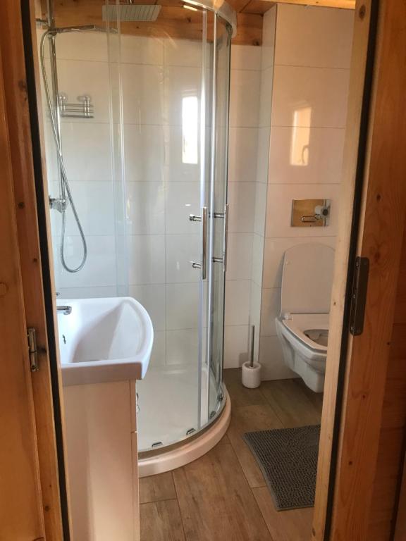 La salle de bains est pourvue d'une douche, d'un lavabo et de toilettes. dans l'établissement Domek na wyłączność z dużym ogrodem, à Jabłonka