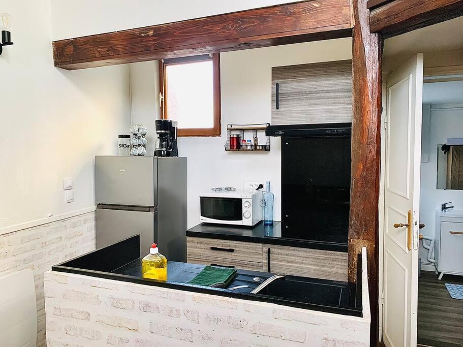a kitchen with a counter top with a microwave and a refrigerator at MAISON AVEC EXTÉRIEUR ET PLACE DE PARKING - WIFI in Le Mans