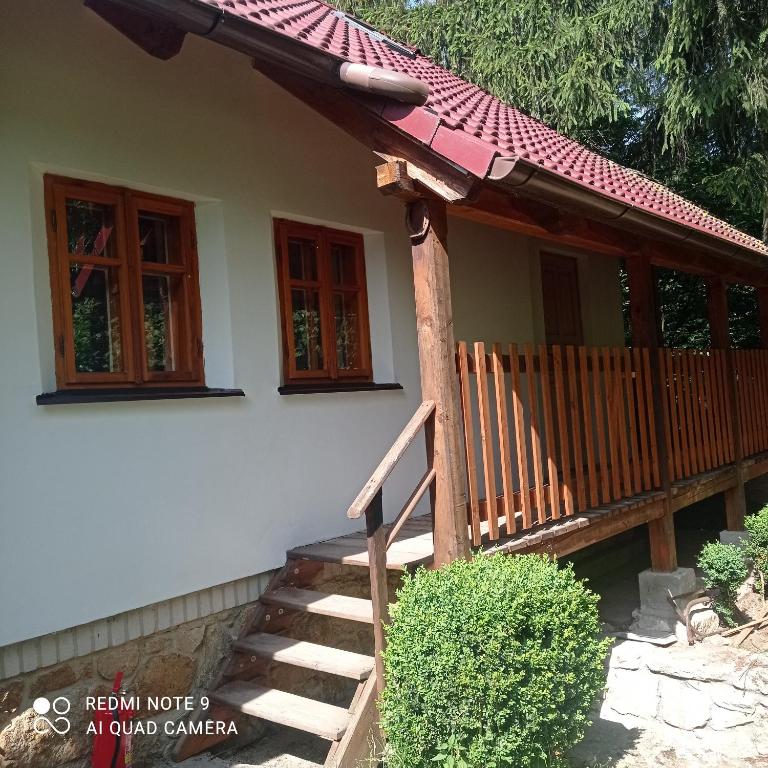 una casa con una scala in legno che conduce a un portico di Chata Vidlák a Černíny