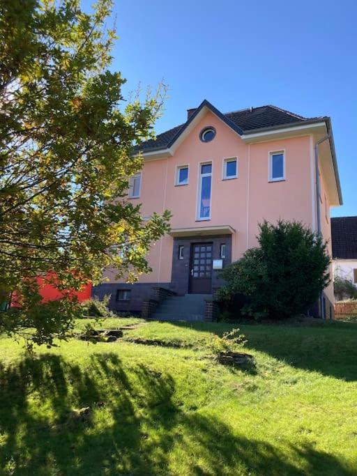 a large pink house with a tree in the yard at Villa Rosa in Bad Sachsa