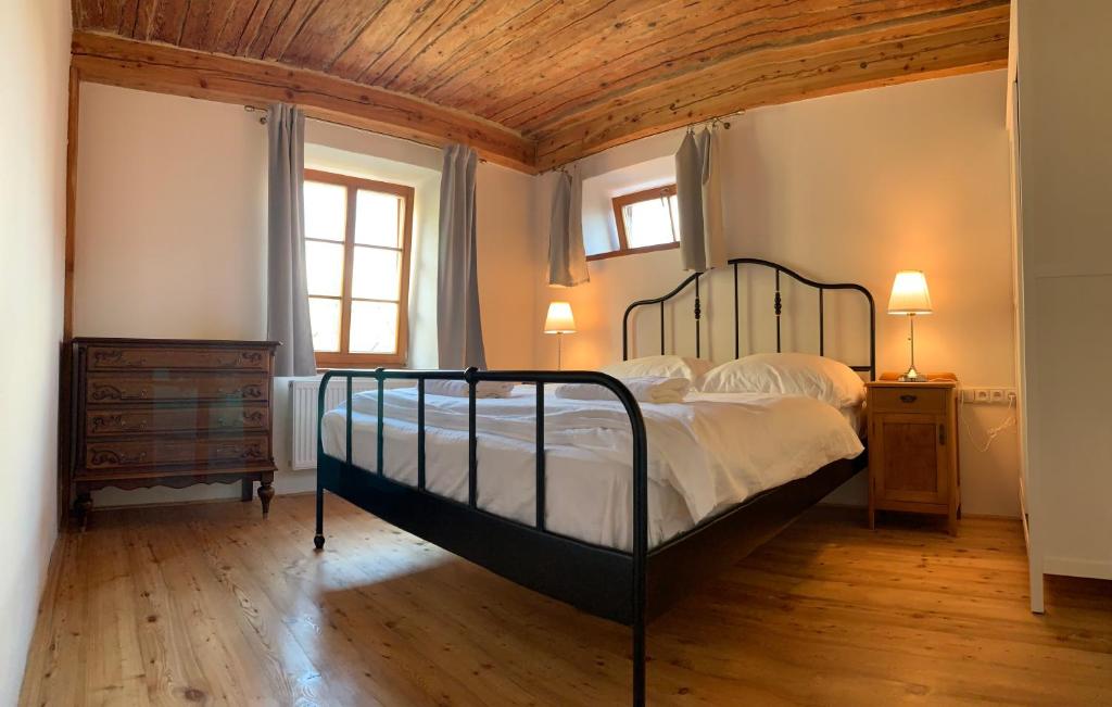 a bedroom with a large bed and a wooden ceiling at Apartmány Zámecká in Moravská Třebová