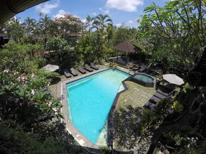 an overhead view of a swimming pool in a resort at Okawati Boutique Bungalows in Ubud