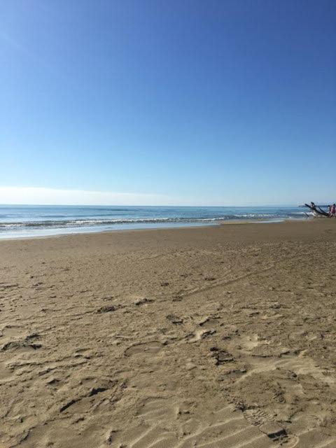 une plage avec des empreintes de pas dans le sable et l'océan dans l'établissement Pavillon, à Port-la-Nouvelle