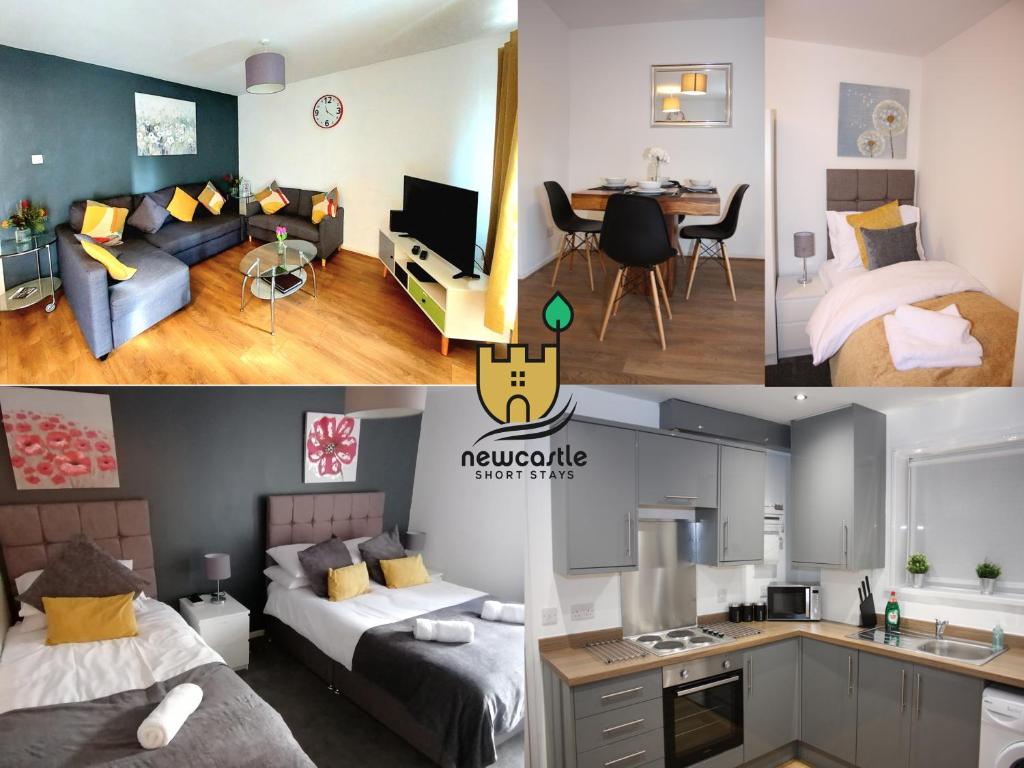 2 fotos de una sala de estar y un dormitorio en Milton House - Entire 3Bed House FREE WIFI & 4 FREE PARKING Spaces Serviced Accommodation Newcastle UK, en Newcastle