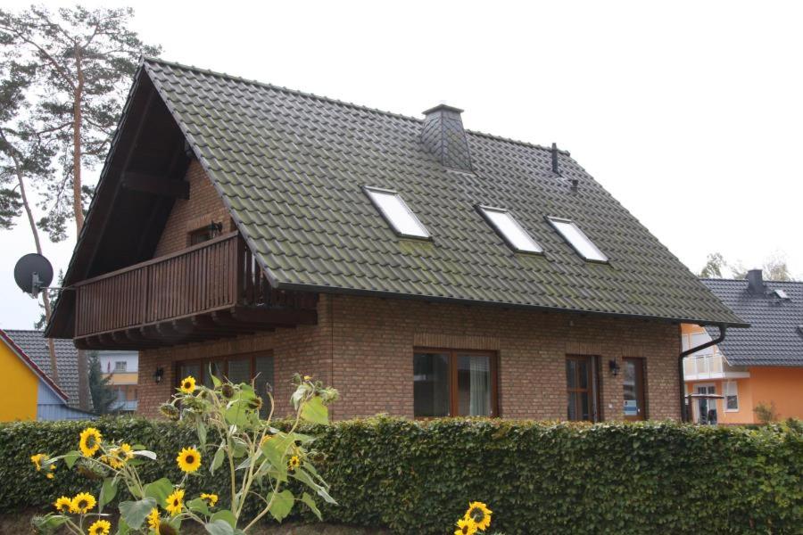 una casa con techo y ventanas. en 30 EG - Gemuetliche Ferienwohnung direkt am See in Roebel Mueritz, en Marienfelde