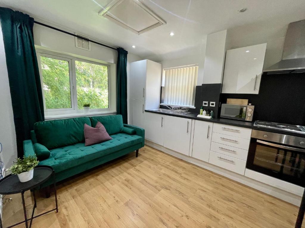 een woonkamer met een groene bank in een keuken bij One Bedroom Apartment In City Centre in Cardiff