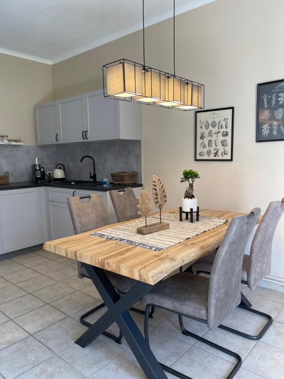 a dining room table with chairs and a kitchen at Naturnahes, neu möbl.Apartment, hundefreundlich in Neu Gaarz
