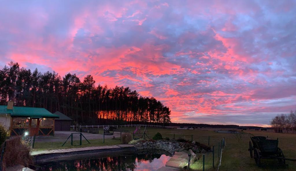 einen Sonnenuntergang mit einem roten Himmel und einem Teich in der Unterkunft Lansada in Zabór