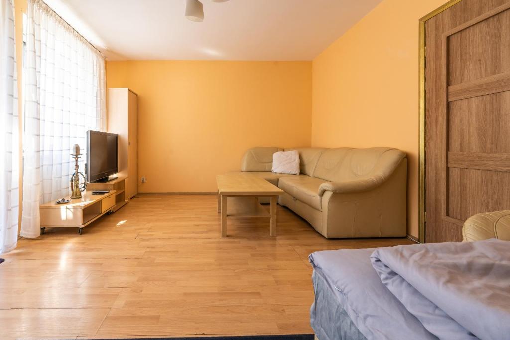 a living room with a couch and a tv at roomspoznan pl - Rybaki 15 - 24h self check-in in Poznań