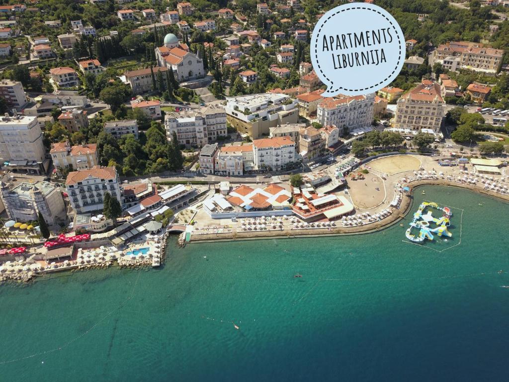 an aerial view of a resort near the water at Apartments Liburnija in Opatija