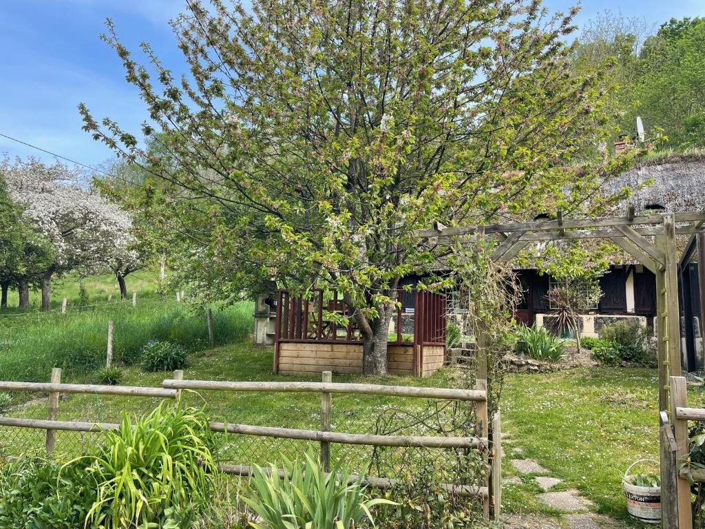 an old house with a tree and a fence at petite chaumière in Tourville-sur-Pont-Audemer