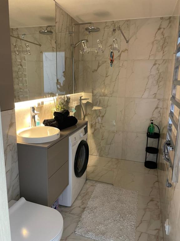 a bathroom with a shower and a sink and a washing machine at Palanga Apartment - Malūno Vilos in Palanga
