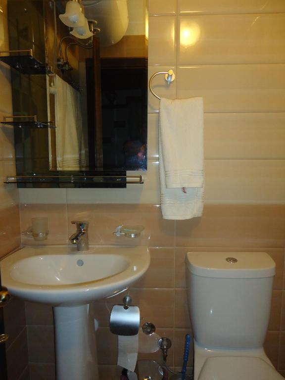 a bathroom with a sink and a toilet and a mirror at Hotel Klea in Berat
