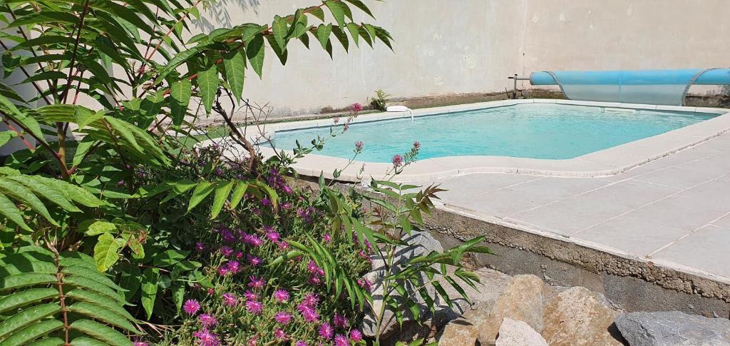 una piscina en un jardín con flores púrpuras en LA MUSCADELLE : le calme du sud de la France, en Marseillette