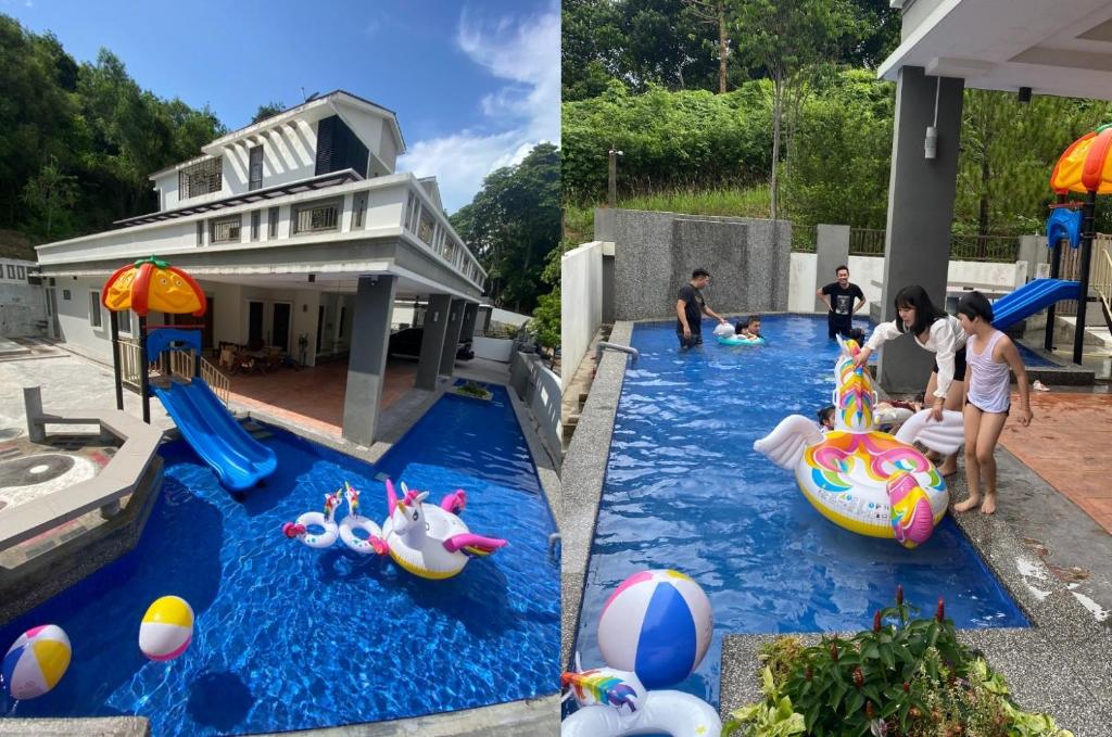 a group of people playing in a pool with inflatables at 60PAX 9BR Villa Kids Swimming Pool, KTV, BBQ n Pool Tables near SPICE Arena Penang 9800 SQFT in Bayan Lepas