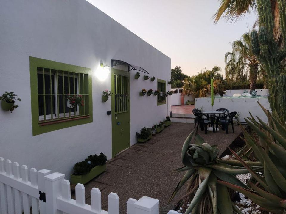un edificio blanco con una puerta verde y un patio en Cactus en Sevilla