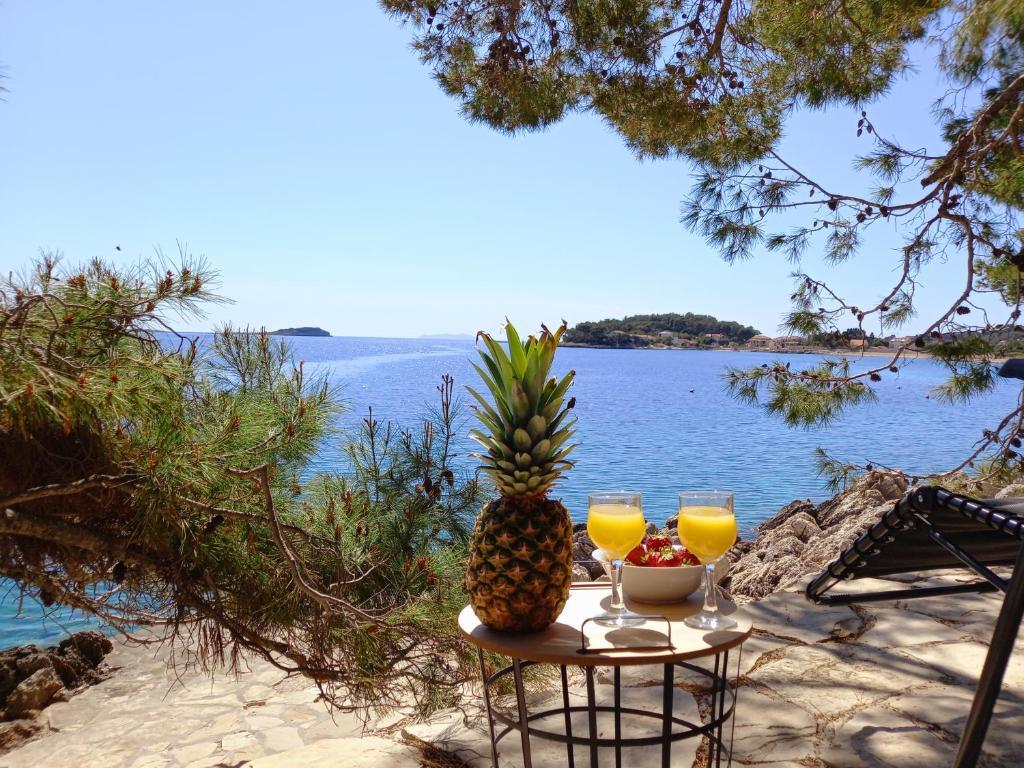 une table avec un ananas et deux verres de jus d'orange dans l'établissement Apartman Luka, à Blato