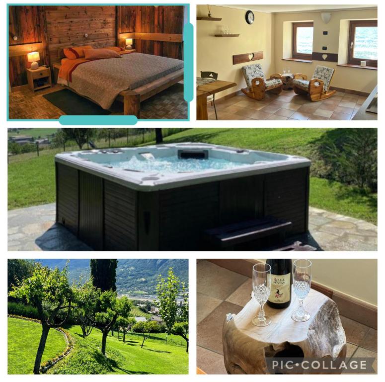 a collage of four pictures of a bedroom and a tub at Profumo Di Legno, PaLù vacanze in Aosta