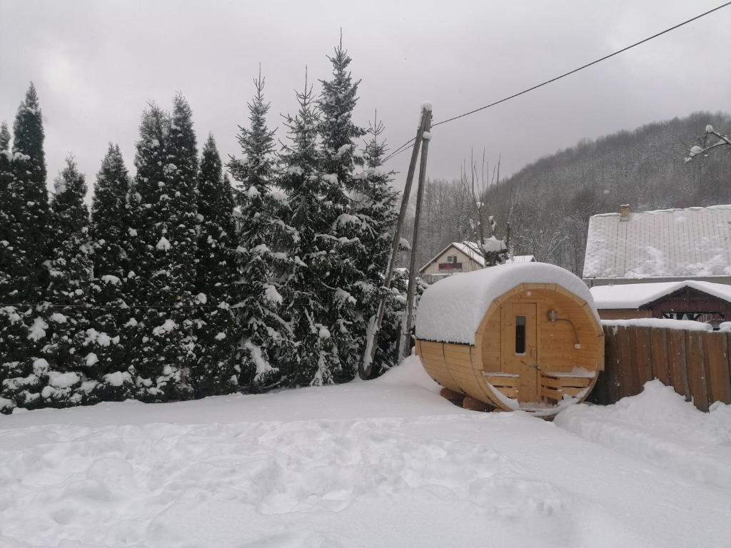 Chata za potokom v zime