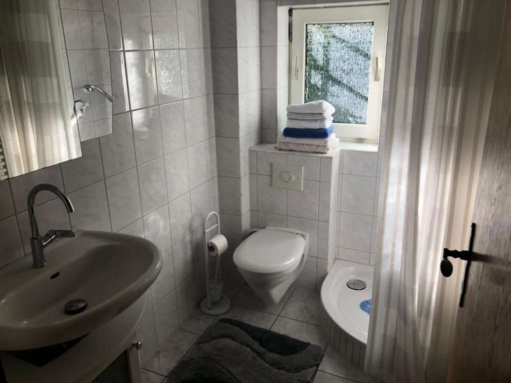 baño con lavabo y aseo y ventana en Haus Porta, en Porta Westfalica