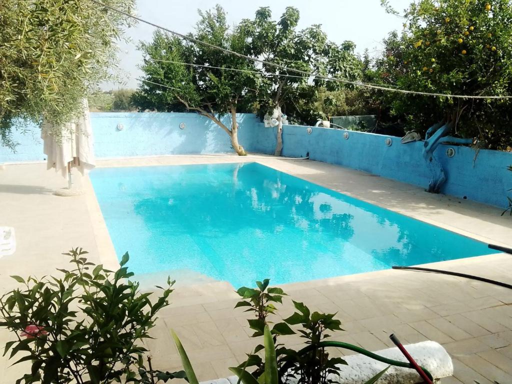 una gran piscina azul junto a una pared azul en Casa nell'agrumeto con piscina, en Pozzallo
