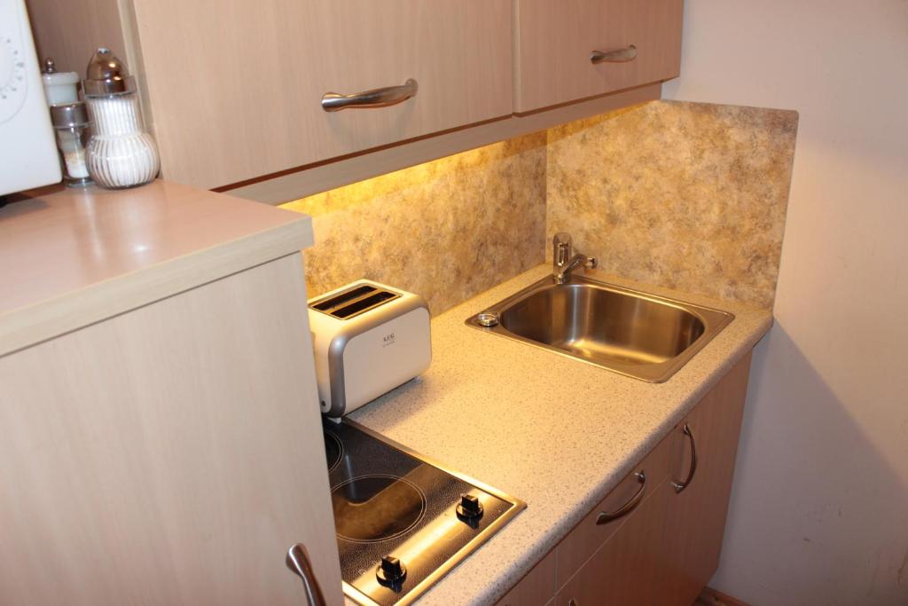 Kuchyň nebo kuchyňský kout v ubytování edelweiss lounge restaurant hotel pizza cafe billard gasthof