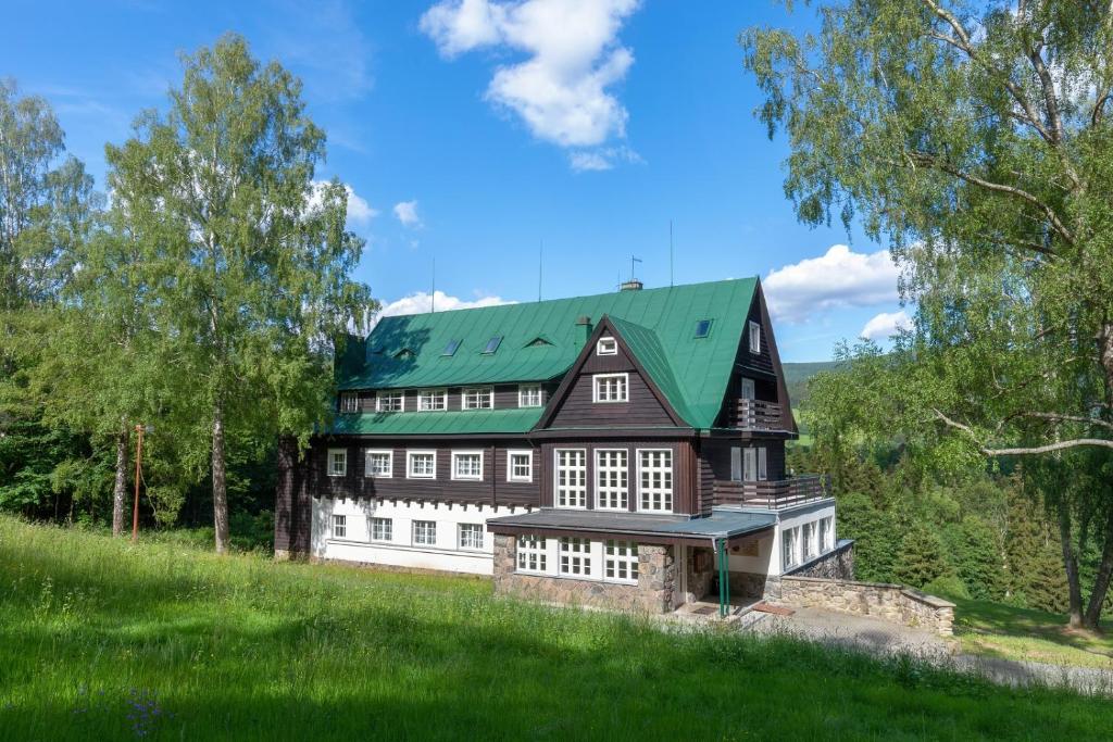 duży dom z zielonym dachem na wzgórzu w obiekcie Aparthotel Panorama w mieście Deštné v Orlických horách