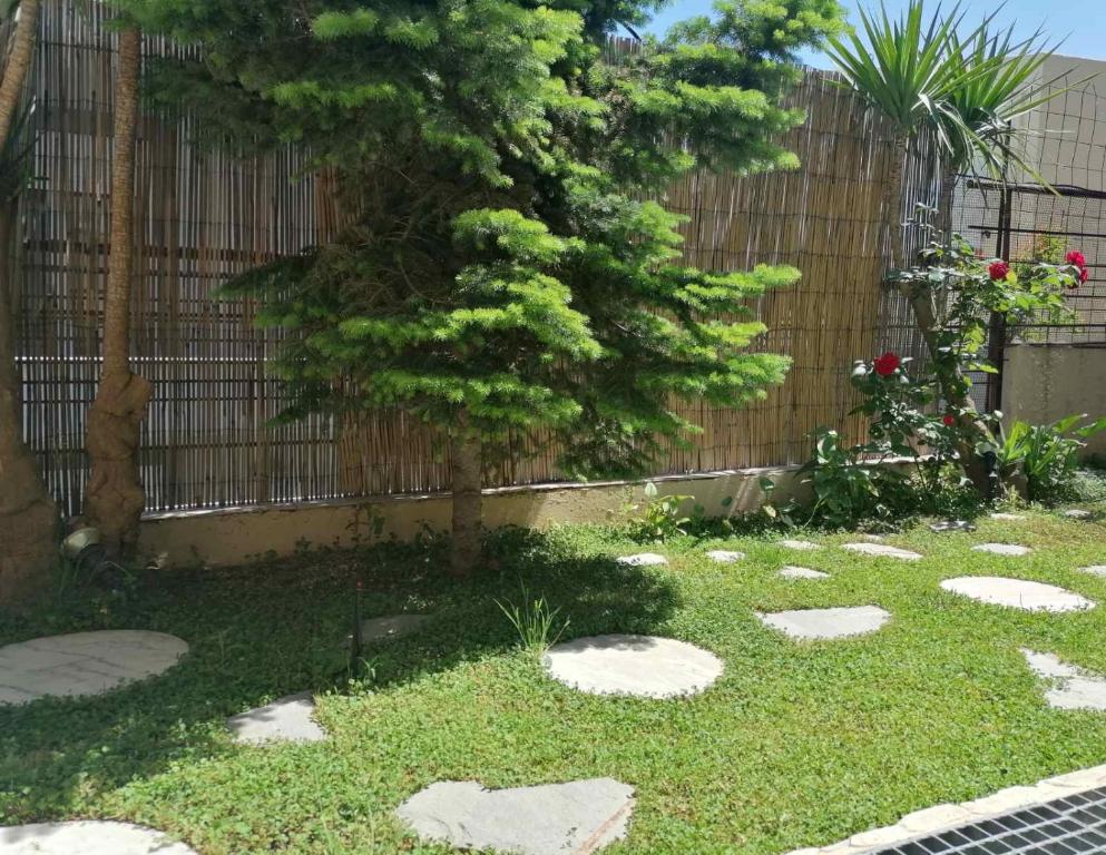 a garden with rocks in front of a fence at Markella's Studio in Kavála