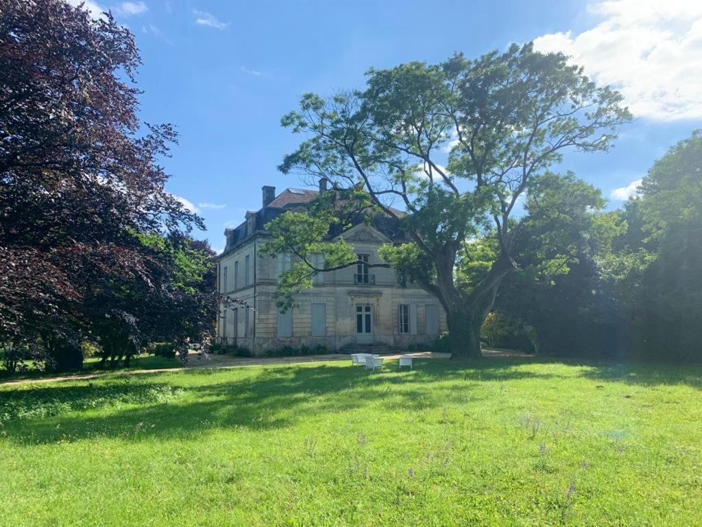 uma grande casa branca com uma árvore num campo em Demeure de 7 chambres avec piscine privee jardin clos et wifi a Chaniers em Chaniers