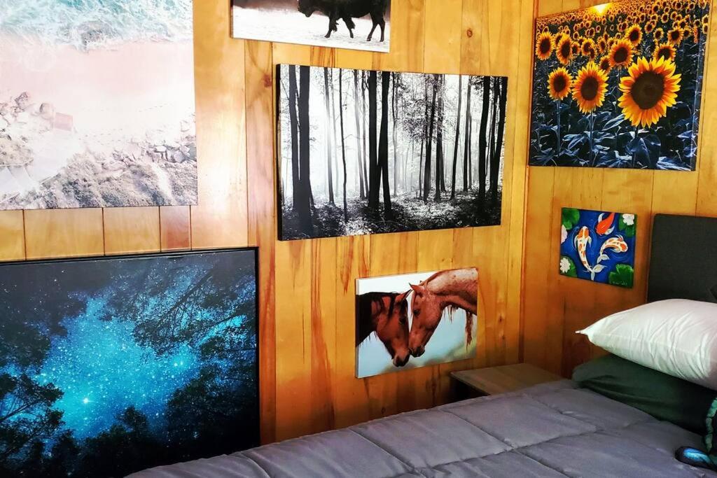1 dormitorio con pinturas en la pared y 1 cama en Legacy Cottage... A place to unwind and unplug!, en Elizabeth City