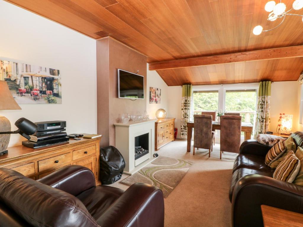 a living room with a couch and a fireplace at Lodge 27 in Bideford