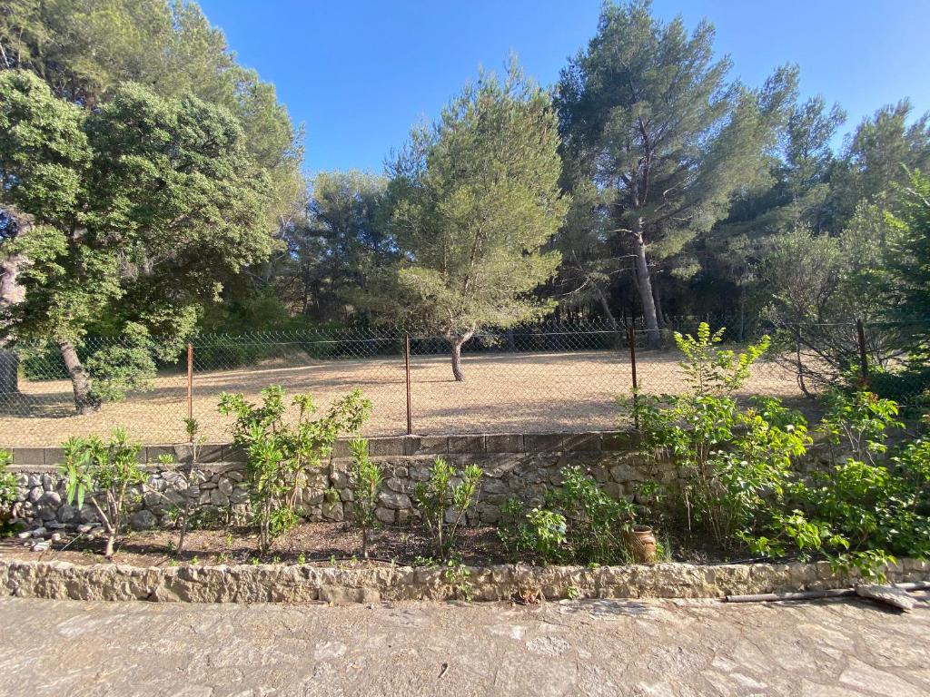 een tuin met een hek en een aantal planten en bomen bij la maison des cigales in Martigues