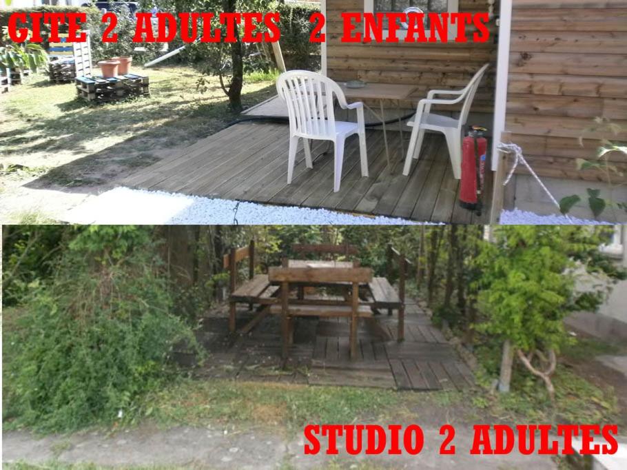 2 fotos de una terraza de madera con mesa y sillas en 2 Gîtes à Fleury les aubrais 1 studio ou 1 gîte, en Fleury-les-Aubrais