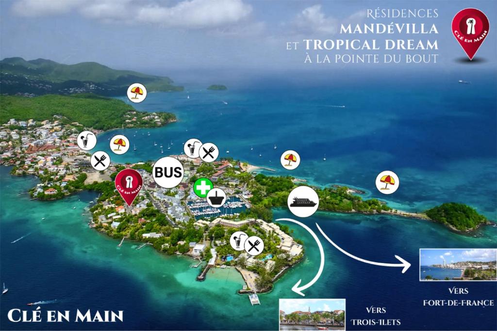 a map of a tropical island in the water at Mandévilla et Tropical Dream in Les Trois-Îlets