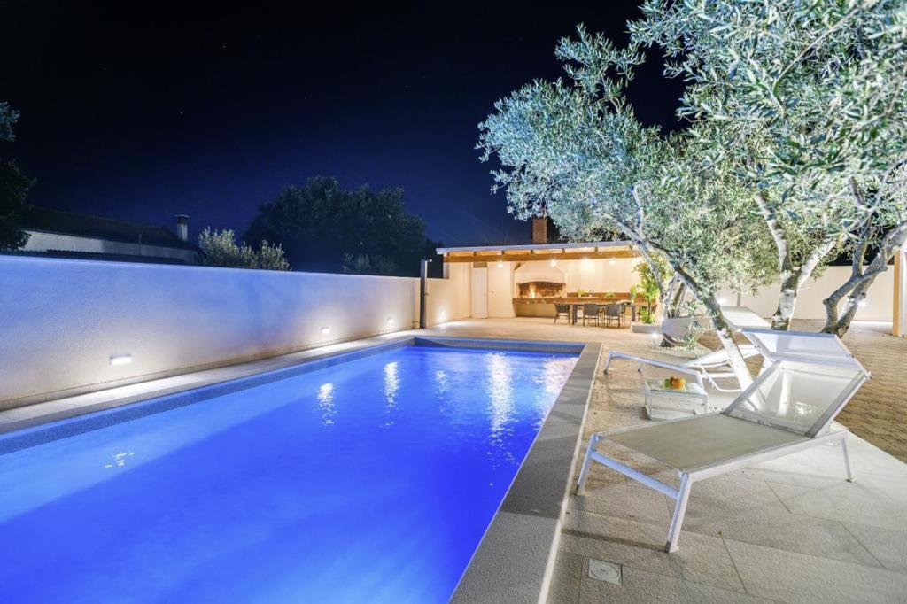 a swimming pool with a chair and a house at Villa Pacis in Benkovac