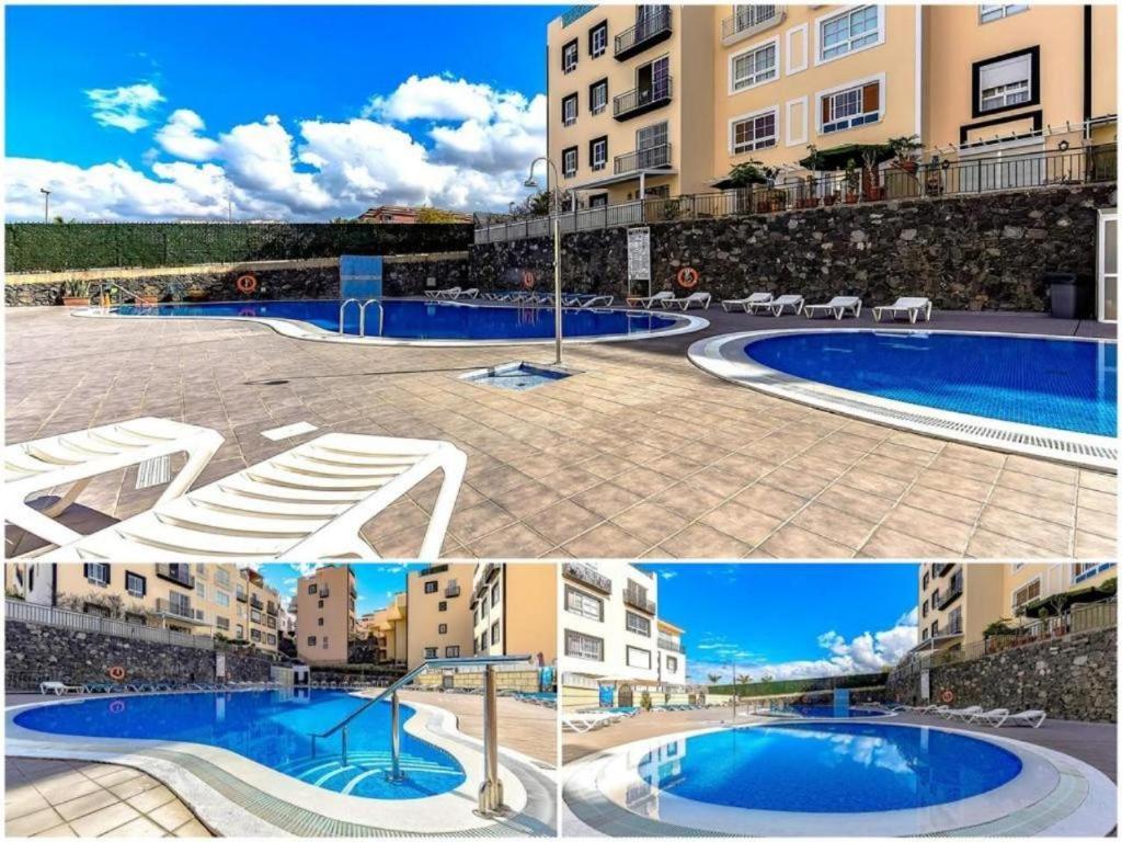 een collage van twee foto's van een zwembad bij Chilly Apartment - Sunny rooftop terrace with ocean view in Callao Salvaje