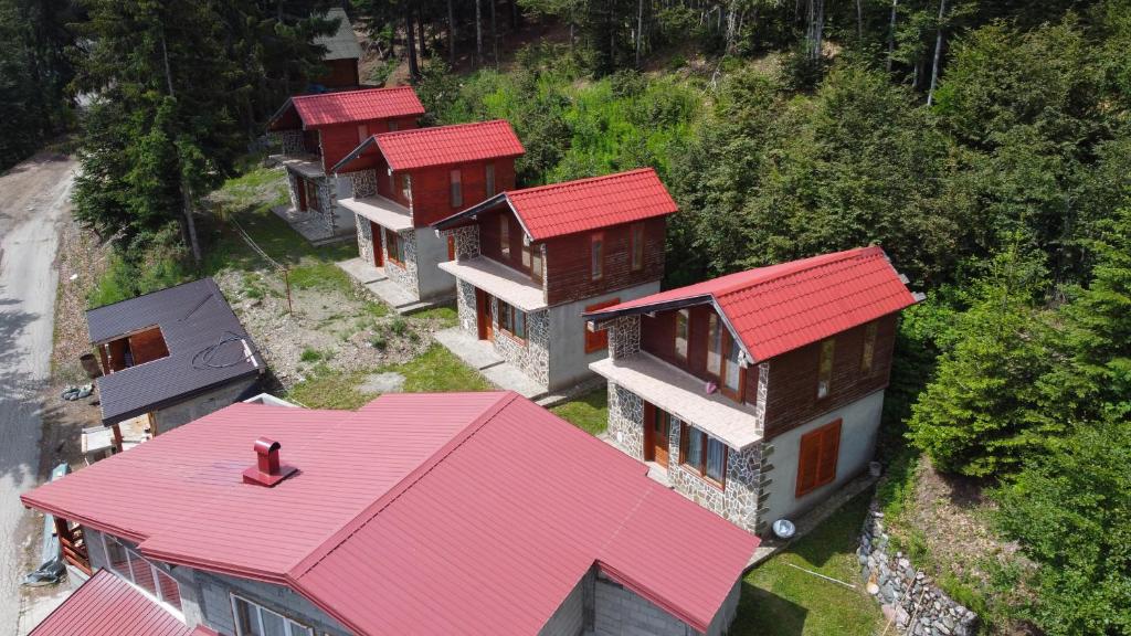 una vista aérea de un grupo de casas con techos rojos en Komovi Eko katun, en Andrijevica