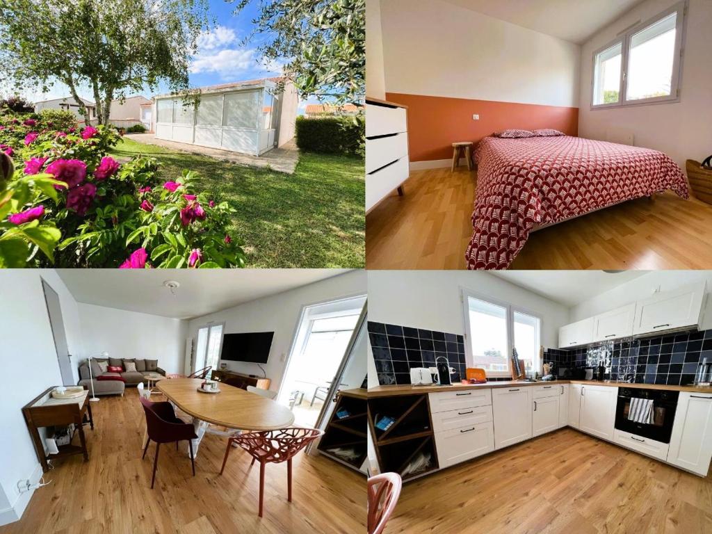 une cuisine et une chambre avec un lit et une table dans l'établissement La Maison Cilaos - Proche mer, à Les Sables-dʼOlonne
