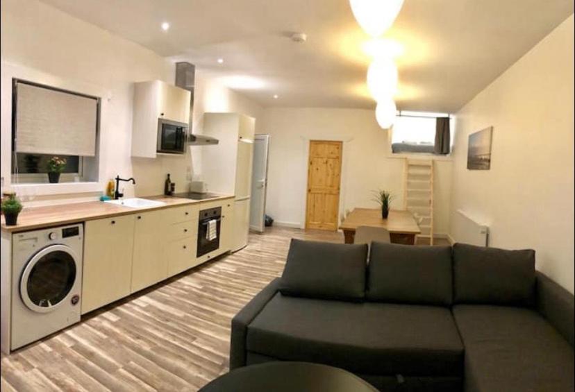 a living room with a couch and a kitchen at Just Renovated Galway City Apartment in Galway