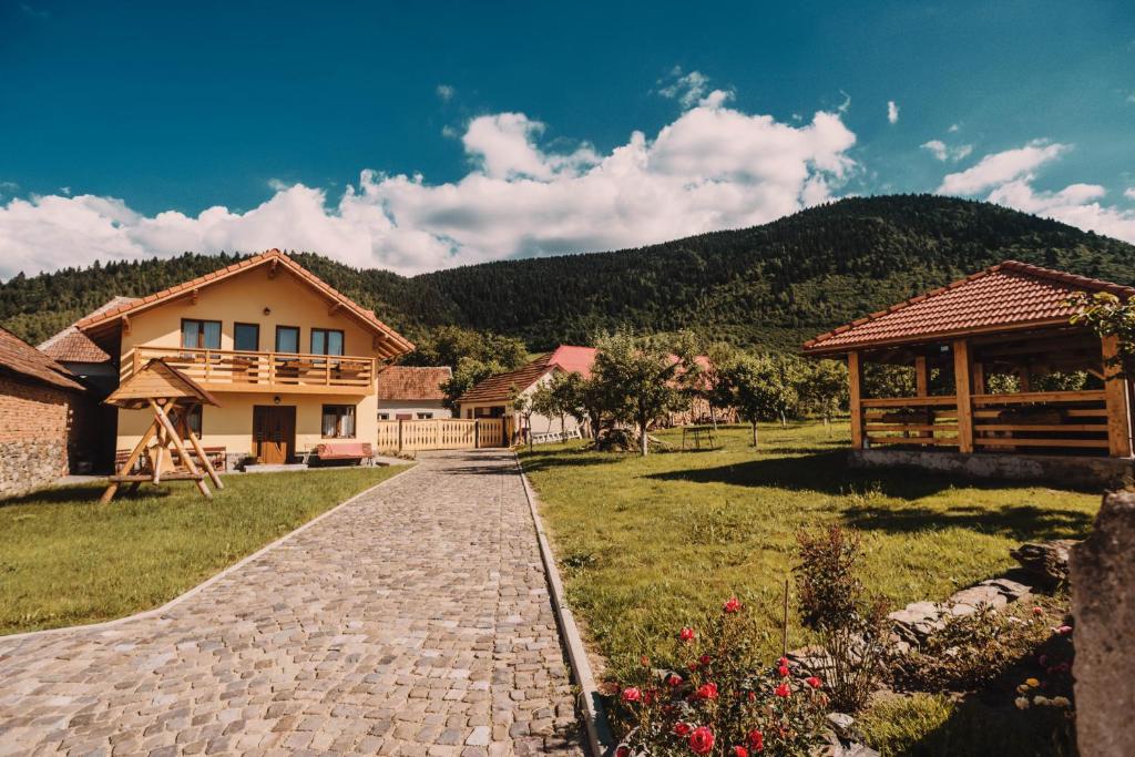 a house with a brick walkway in front of a yard at Casa Bunicilor in Nucşoara