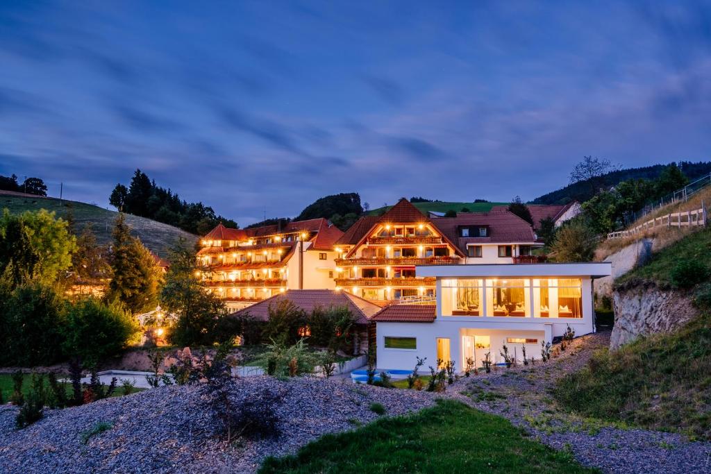 un hotel en las montañas por la noche en Ludinmühle, en Freiamt