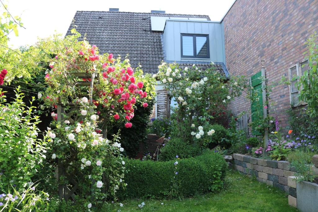 a garden with roses and other flowers in front of a house at Im Schnuckenbau, Ferienhaus in Schneverdingen