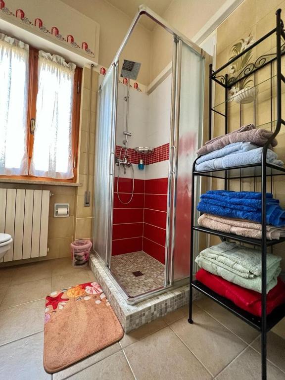 łazienka z prysznicem i wieszakiem na ręczniki w obiekcie villino Morena w mieście Torre del Lago Puccini
