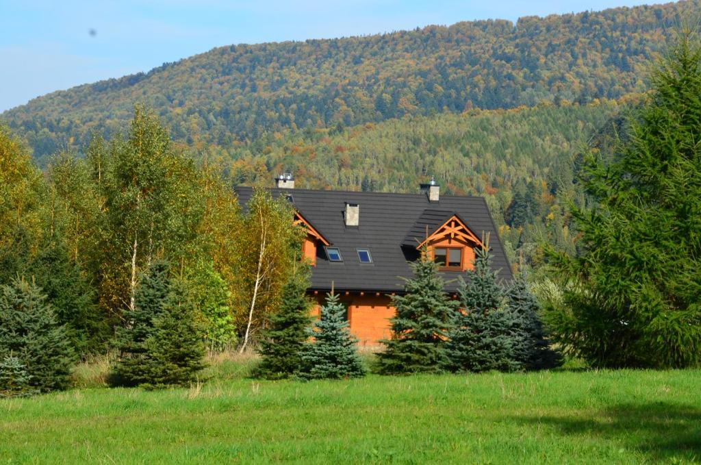 a house in the middle of a field with trees at Malinowa Chata in Cisna